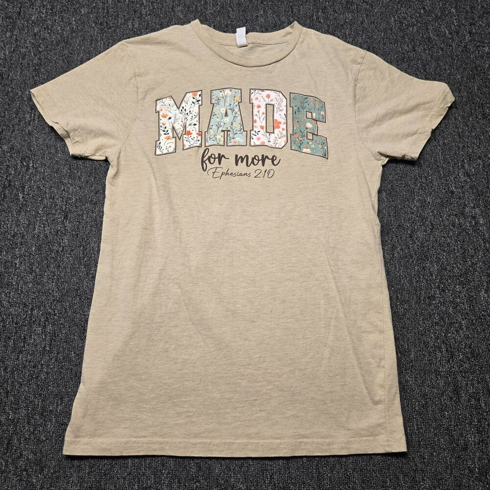 Love In Faith Women’s T‑Shirt M Beige Made for More Ephesians 2:10 Christian Tee